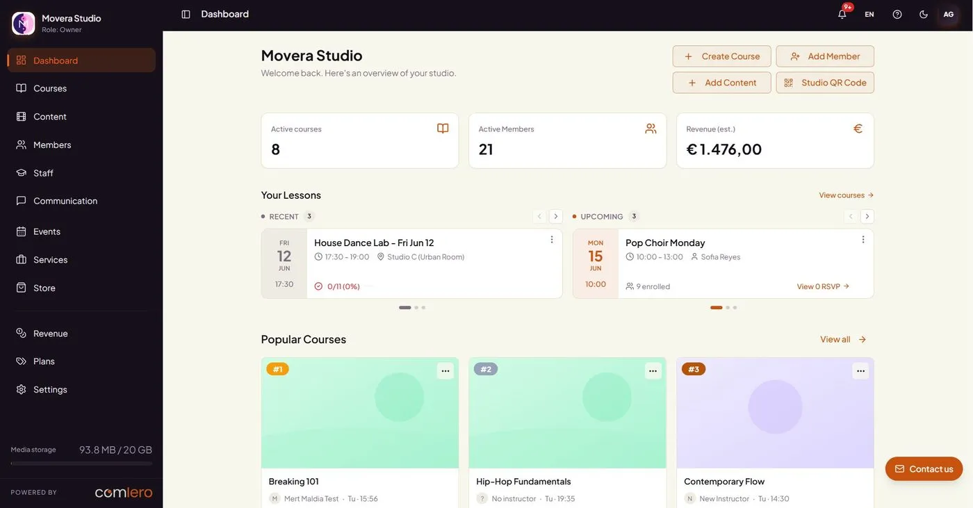The Comlero admin dashboard — studio overview